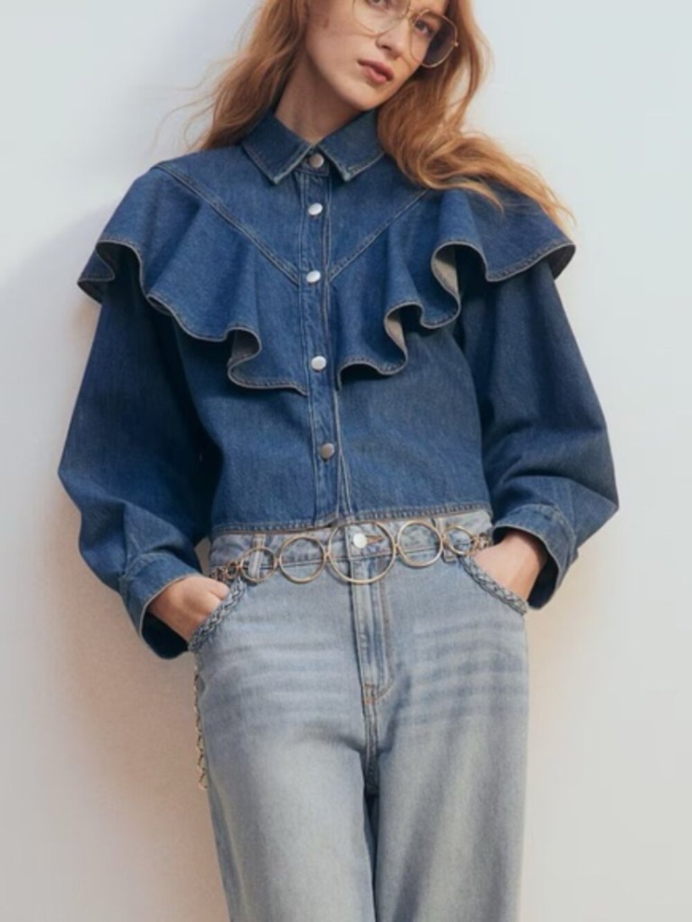 H&M Flounce-Trimmed Denim Shirt in Denim Blue